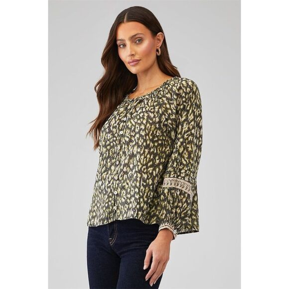 Cleobella Women's Alicia Blouse Size M Button-Front Top Black Leopard - Picture 2 of 11